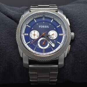 Fossil Machine Men's Chronograph Watch Blue Dial FRESH BATTERY Stainless Steel